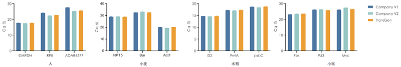 使用Company V1、Company V2、TransGen產(chǎn)品，以不同物種RNA為模板  進(jìn)行反轉(zhuǎn)錄后定量擴(kuò)增不同基因。 結(jié)果表明，TransGen產(chǎn)品可適用于多種物種。